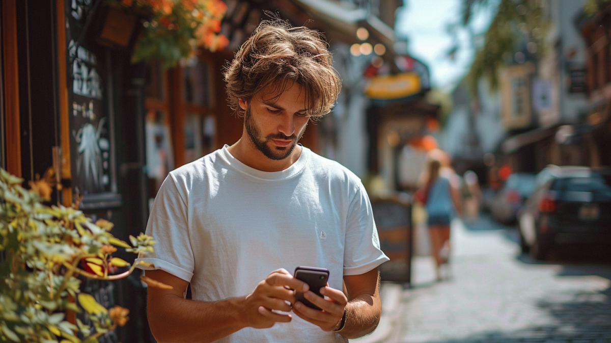 Man shopping on phone in the city